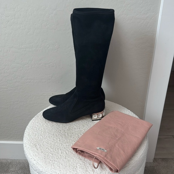Miu Miu Shoes - MIU MIU Prada Suede Crystal Jeweled Heel Knee High Boots Size 37 / US 7